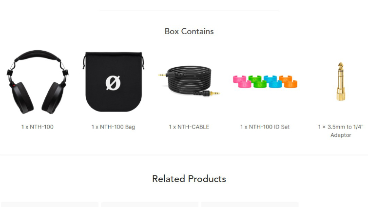 Rode's complete NTH-100 package, containing the headphones, carry bag, cable, color rings, and 3.5mm to 1/4" adapter