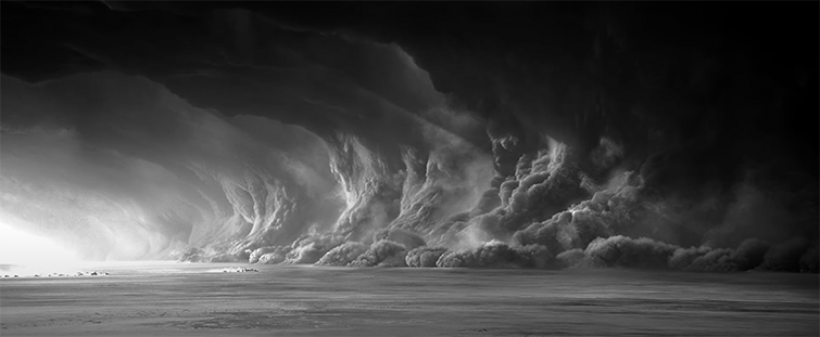 Road chase scene in a desert storm from the movie Mad Max: Fury Road chrome edition