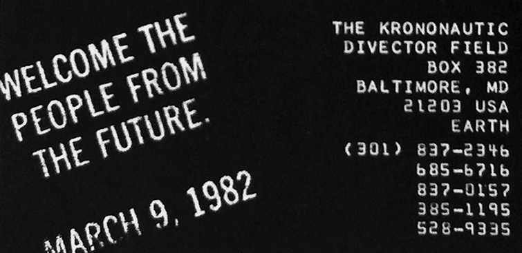 Advertisement for a gathering of time travelers hosted by a group called the Krononauts and advertised in Artforum magazine.
