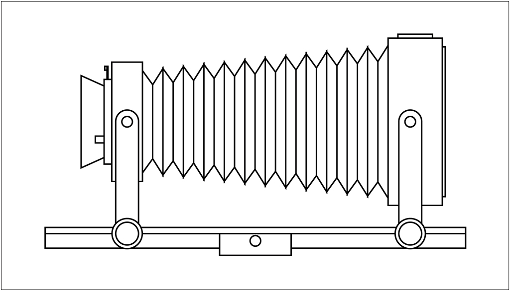 Flat line drawing of a large format camera