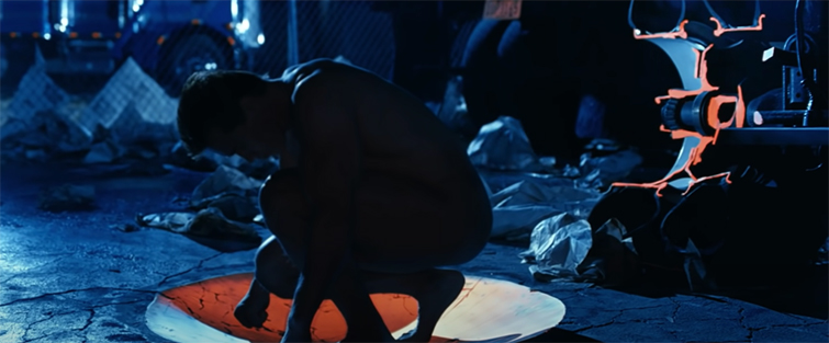 Screen grab from Terminator 2: Judgment Day showing the Terminator's arrival