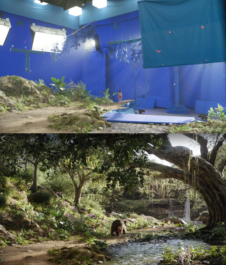 Actor in The Jungle Book against a blue screen vs same shot with the jungle filled in