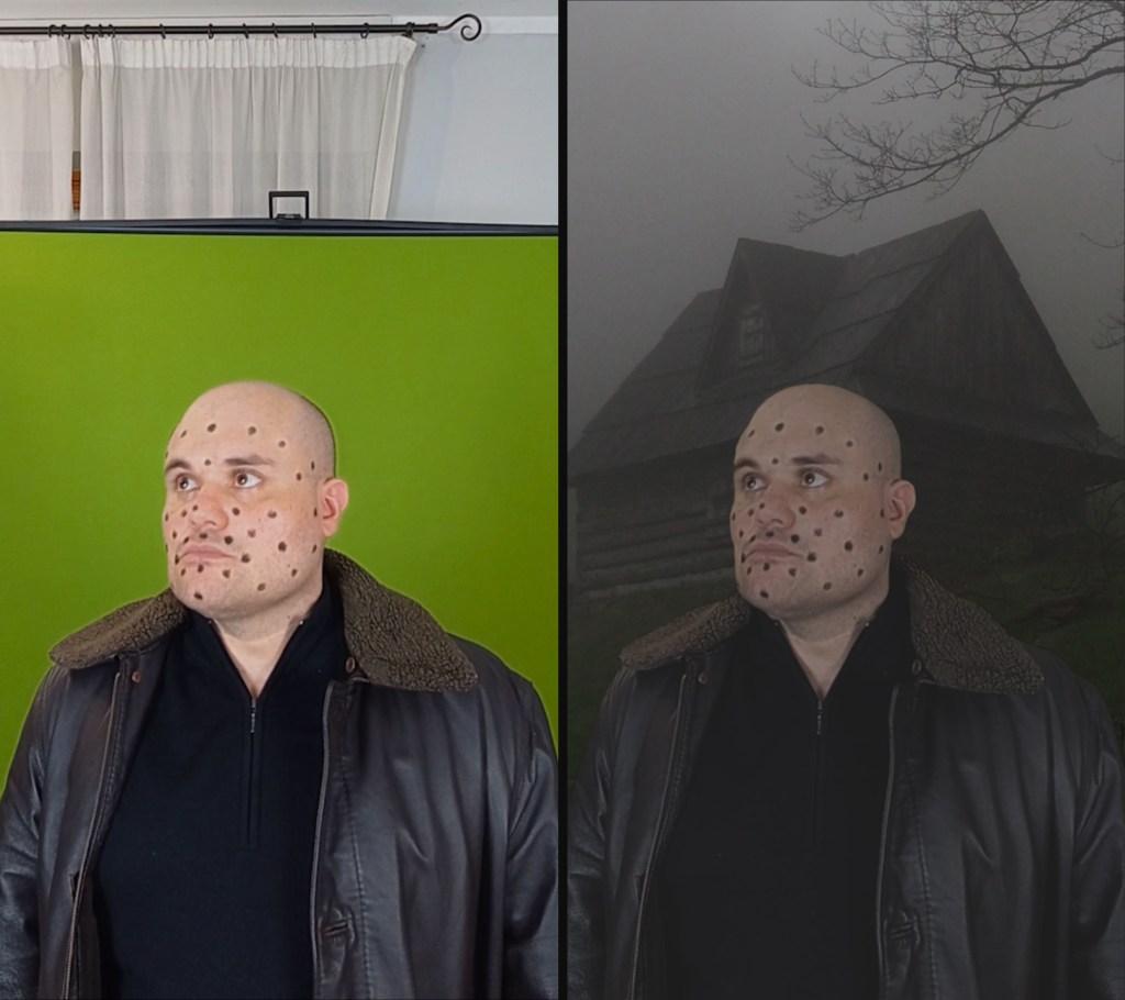 The author against a green screen vs the author with a spooky haunted house backdrop filled in and light adjusted
