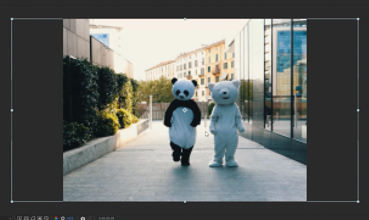 Screenshot of a pixelated image featuring two people in bear costumes walking down the street