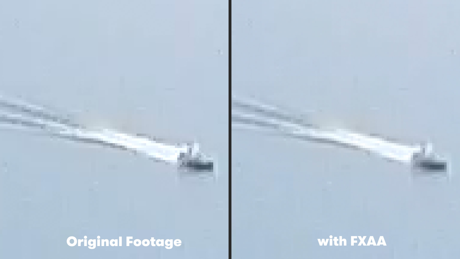 Side by side example of the original footage next to the FXAA effect applied