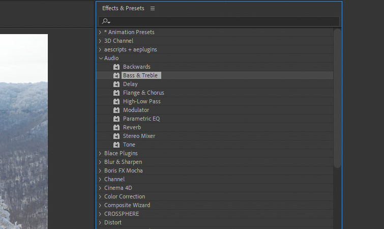 Screenshot featuring a variety of simple audio effects available in After Effects
