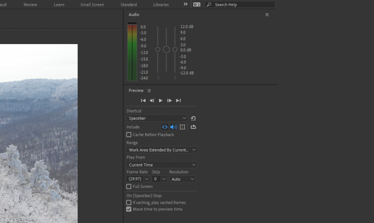 Screenshot of the Audio and Preview panels in After Effects