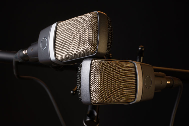 Closeup of a pair of stereo microphones